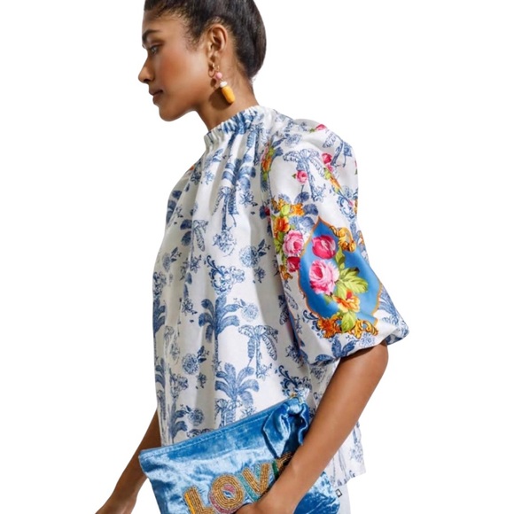 Emily Lovelock Tops - Emily Lovelock Blue Palm Tree Floral Print Puff Sleeve Top - L